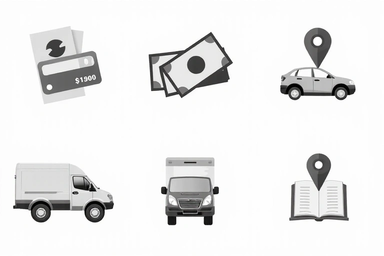 Diferite metode de plată și livrare, simbolizate prin iconițe de card, numerar, camion de livrare.