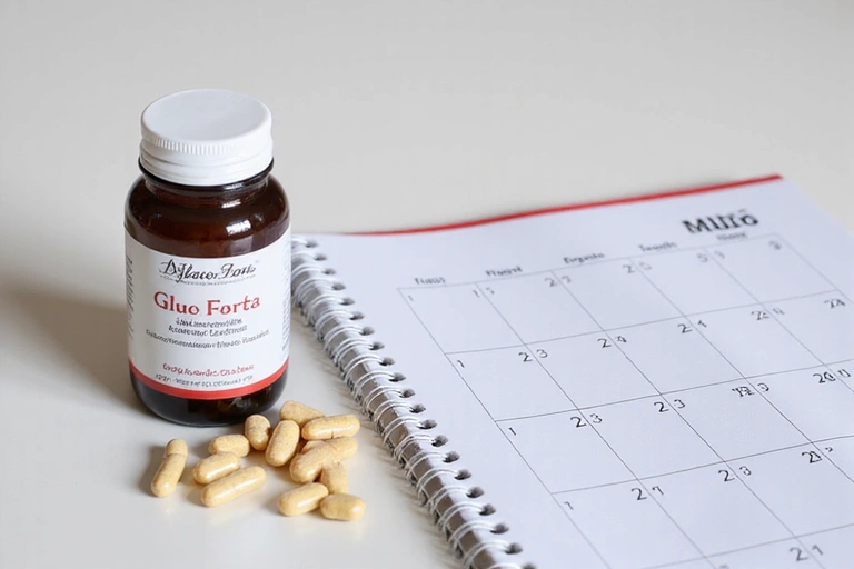Flacon de GlucoFor cu capsule, lângă un calendar care arată 30 de zile.