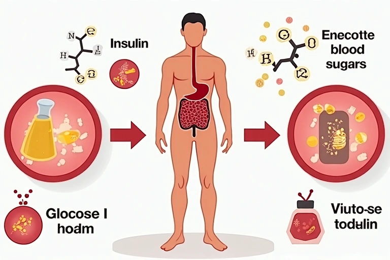 Ilustrație schematică a metabolismului glucozei, cu săgeți și celule, indicând acțiunea suplimentului.