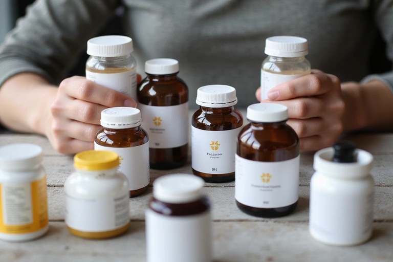 O persoană care studiază etichetele unor suplimente, simbolizând alegerea informată.