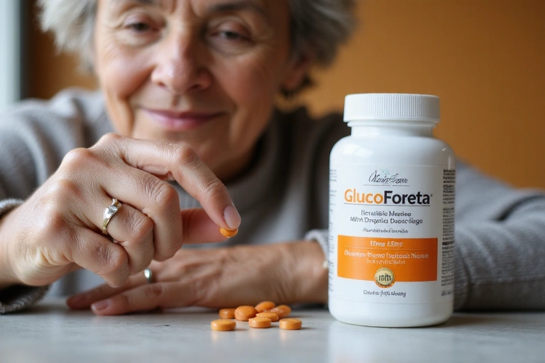 Persoană în vârstă care ia o pastilă, simbolizând utilizarea suplimentului GlucoFor.